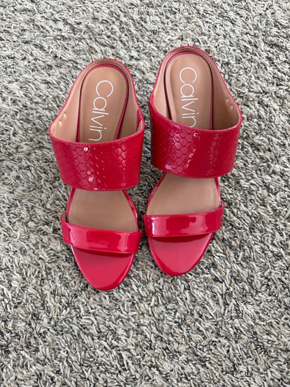 Calvin Klein Red Patent Double-Strap Slide Mules